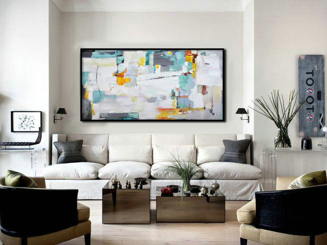 Large Abstract Art Handmade Oil Painting,Horizontal Palette Knife Contemporary Art,Original Art,White,Grey,Yellow.etc